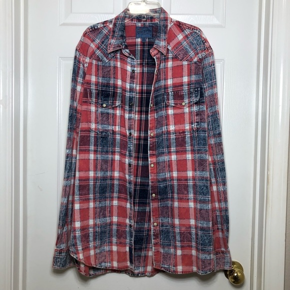 Lucky Brand Washed & Worn Cotton Red White Blue Pearl Snap Plaid Shirt L - Picture 4 of 15